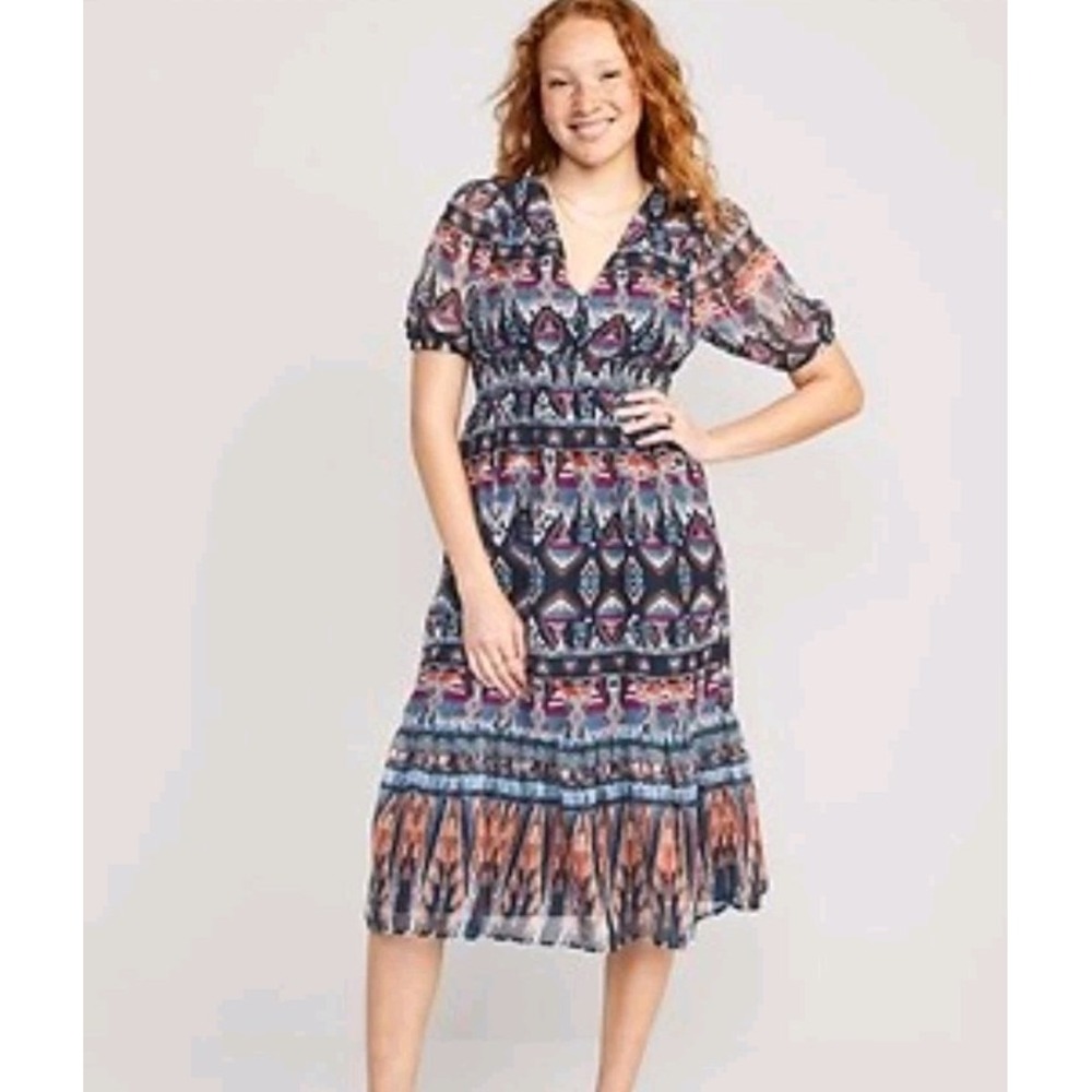 Old Navy Geometric Midi Dress Womens XL Blue Smocked Waist Flutter Sleeve Casual